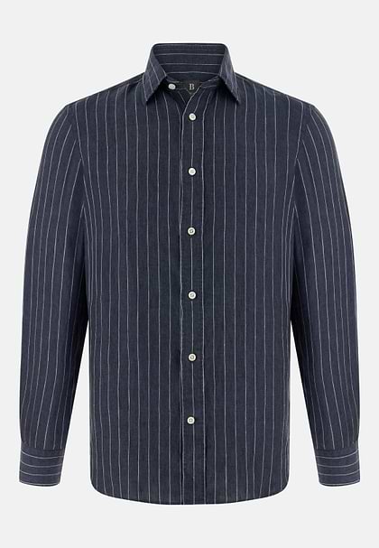 Koszula lniana, klasyczny fason, Navy blue, hi-res