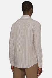 Camicia A Righe Marroni In Tencel Lino Regular Fit, Marrone, hi-res