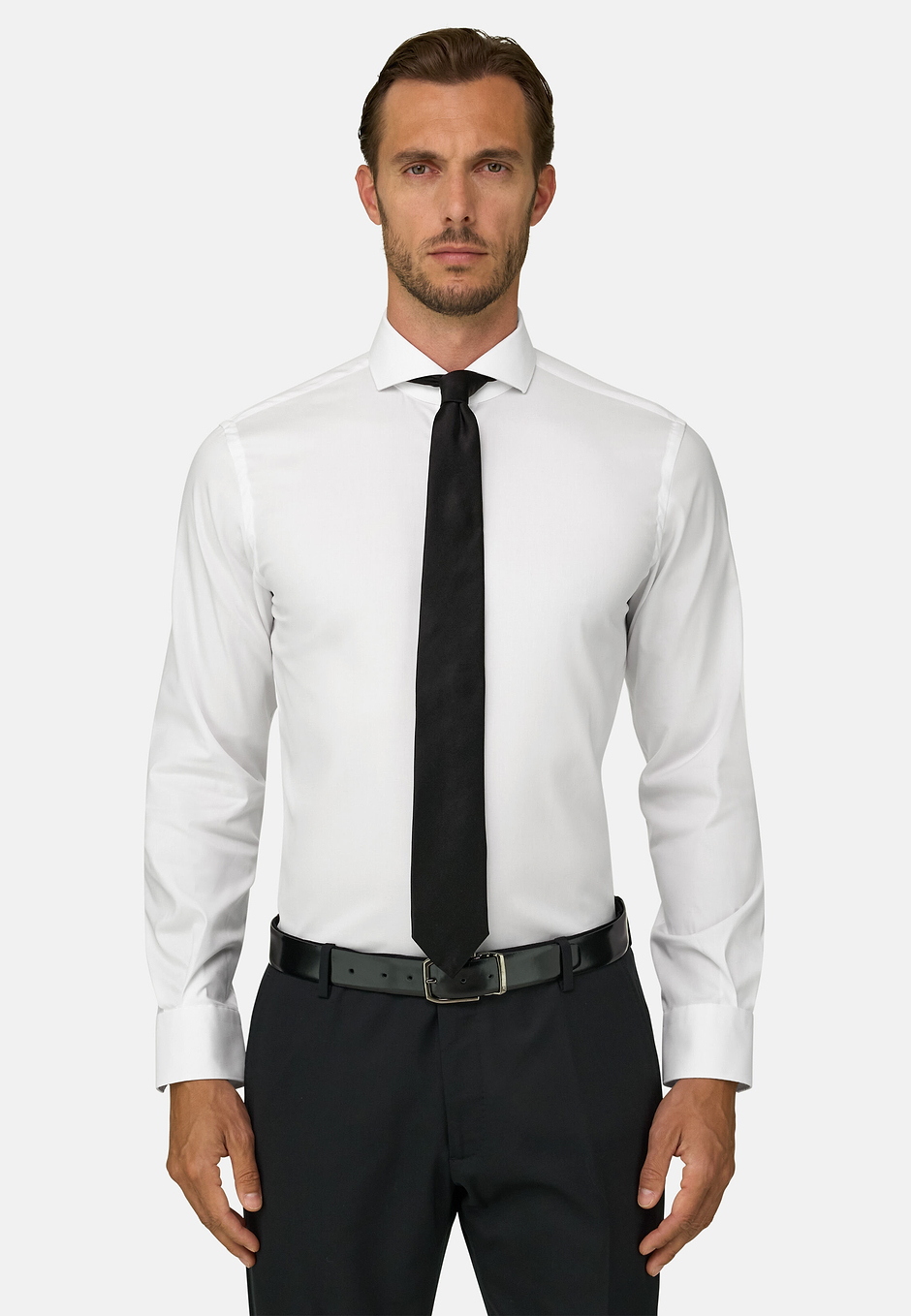 Camisa en punto de algodón Pin de corte slim, Blanco, hi-res