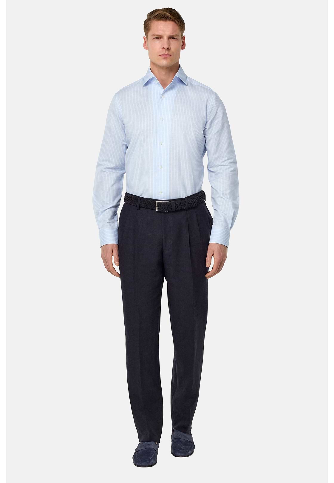 Chemise À Rayures En Coton Et Lin Regular Fit, Bleu clair, hi-res