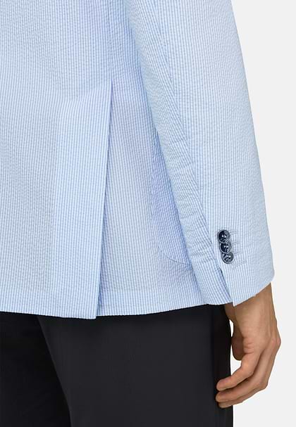 BREEZE | Super-Lightweight Fine Pinstripe Jacket in Stretch Cotton, Light Blue, hi-res