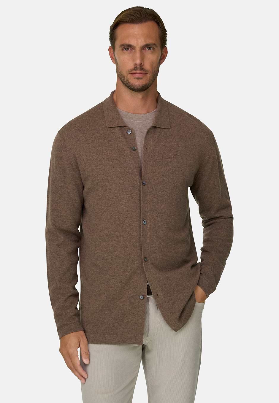 Knitted Shirt in Wool Cashmere, Brown, hi-res