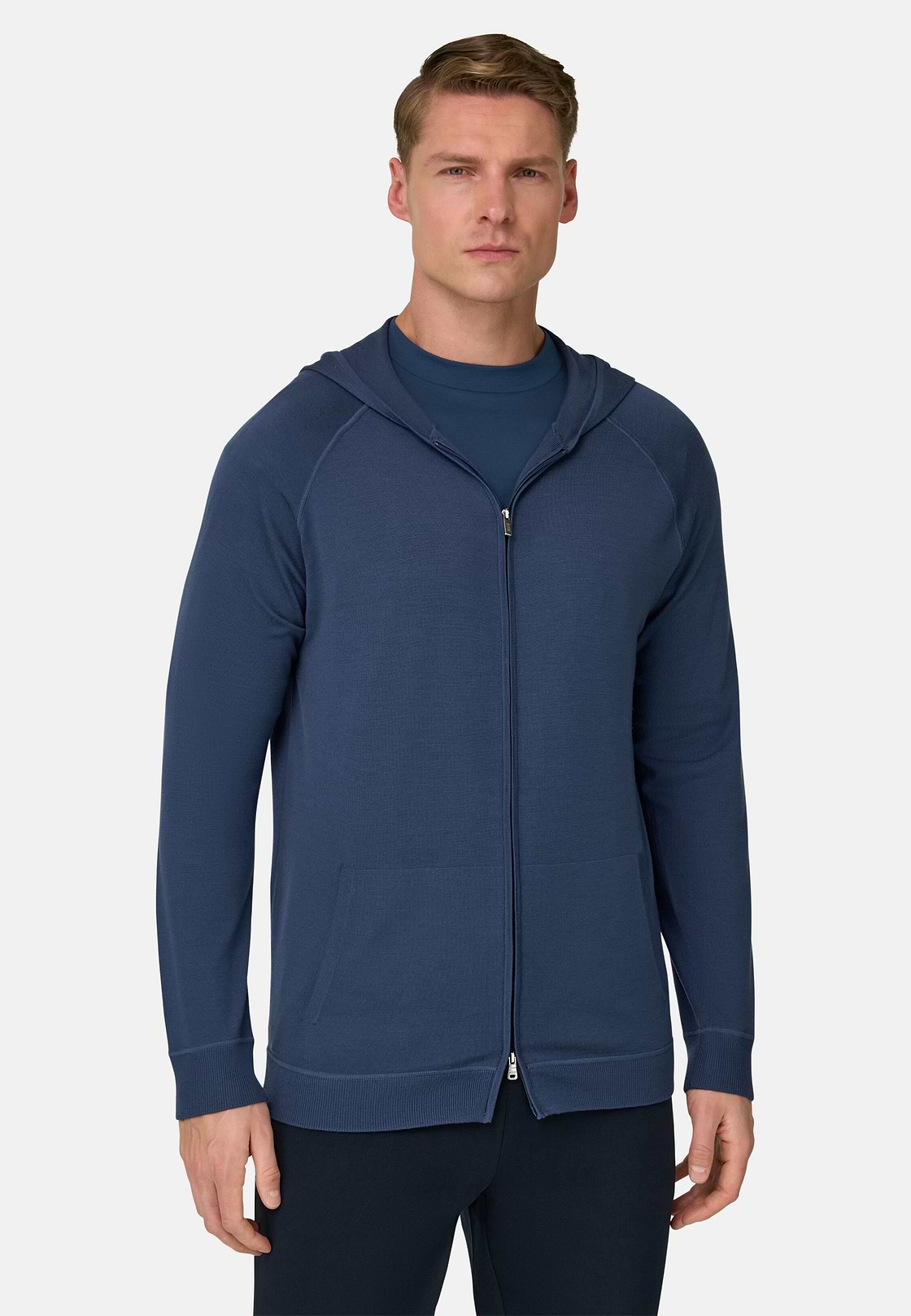 Dzianinowy sweter z kapturem z zamkiem błyskawicznym z bardzo cienkiej wełny, Air-blue, hi-res, 1