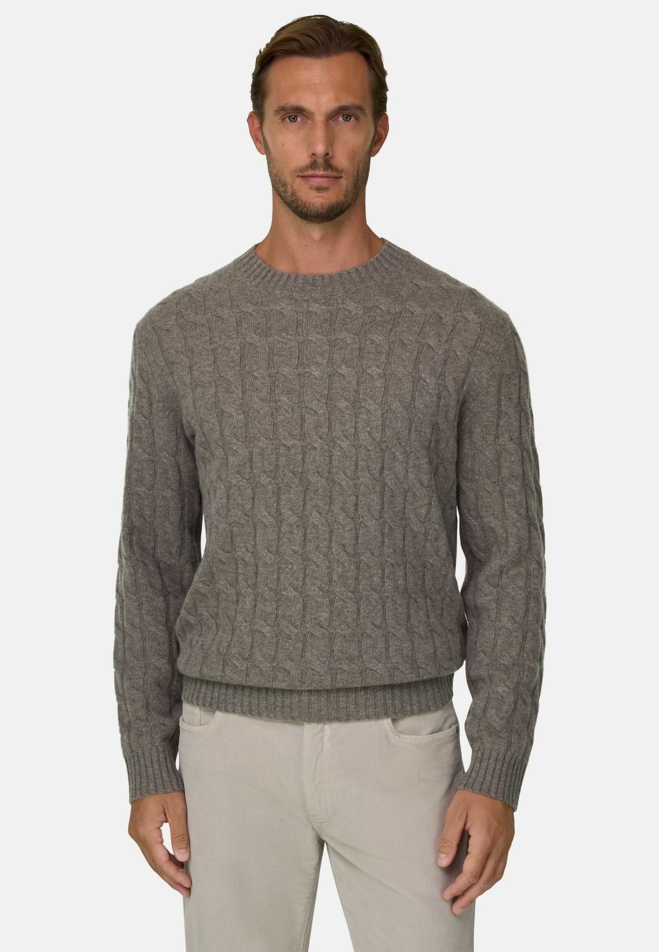 Jersey de cuello redondo en lana cashmere, Taupe, hi-res
