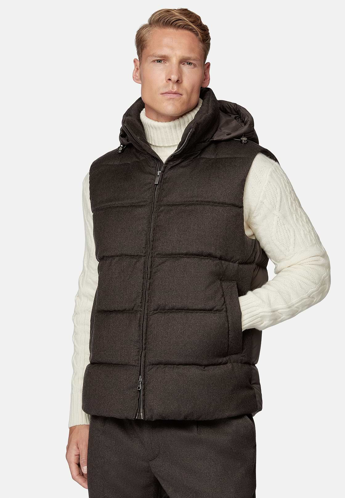 Down-Filled Flannel Gilet With Hood, Brown, hi-res