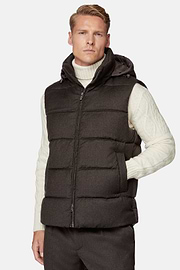 Down-Filled Flannel Gilet With Hood, Brown, hi-res