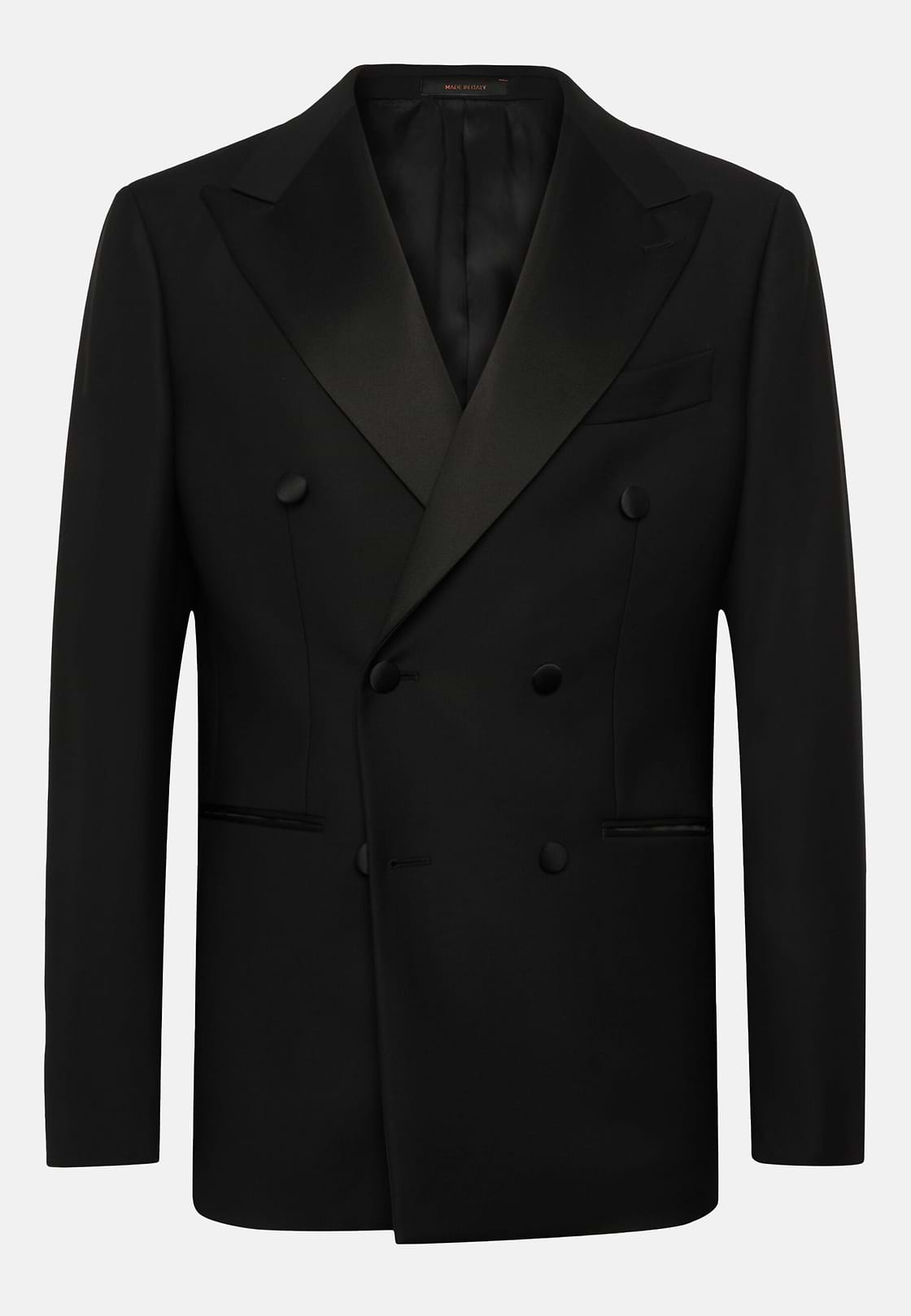 Black Wool Dinner Suit with Peak Lapels, , hi-res