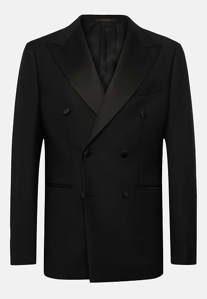 Black Wool Dinner Jacket with Peak Lapels, Black, hi-res