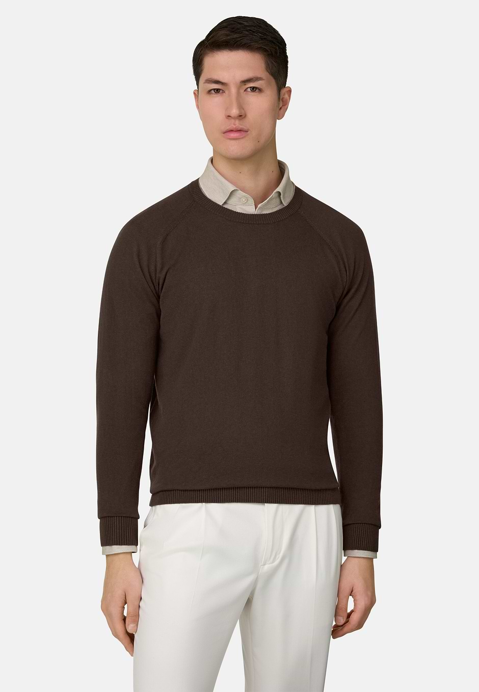 Cotton, Silk and Cashmere Crew Neck Jumper, Brown, hi-res