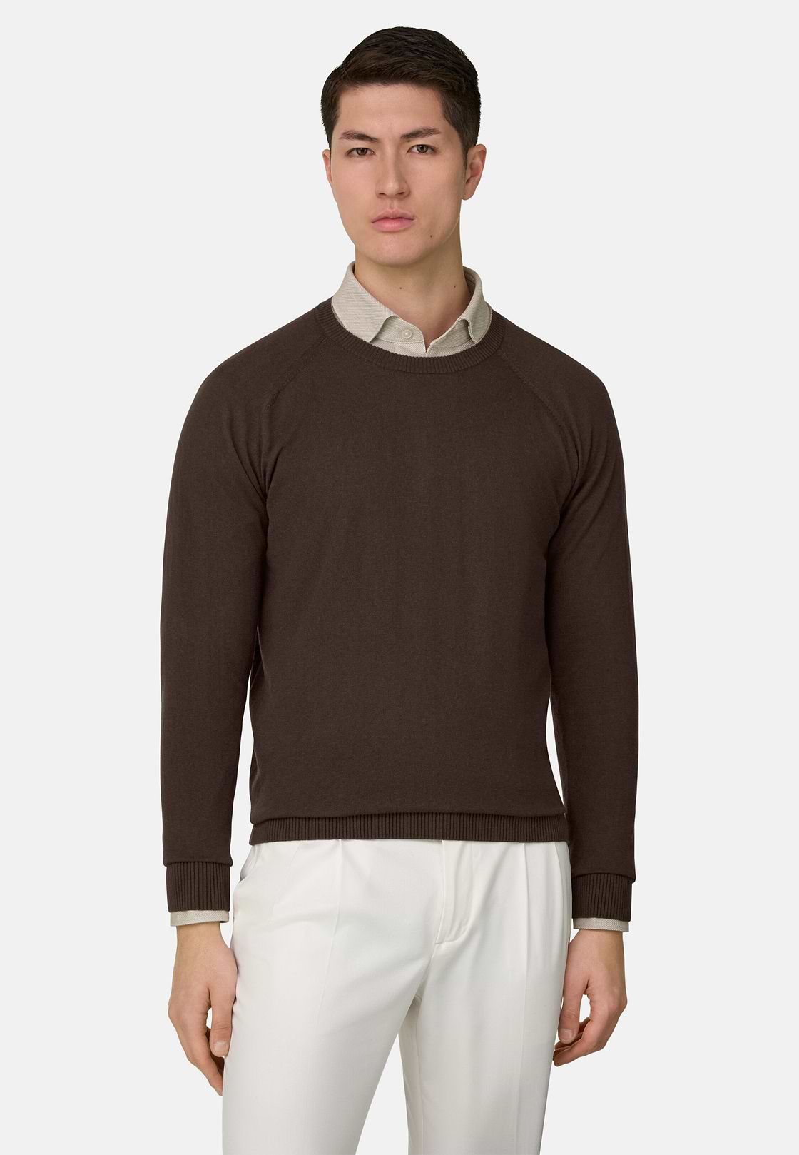 Maglia Girocollo In Cotone Seta Cashmere, Marrone scuro, hi-res, 1