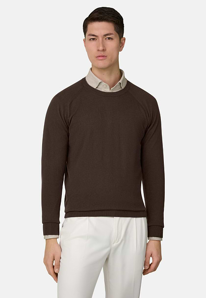 Pull Col Rond En Coton Soie Cachemire, Marron foncé, hi-res