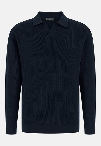 Cotton and Silk Knitted Polo Shirt, Navy blue, hi-res
