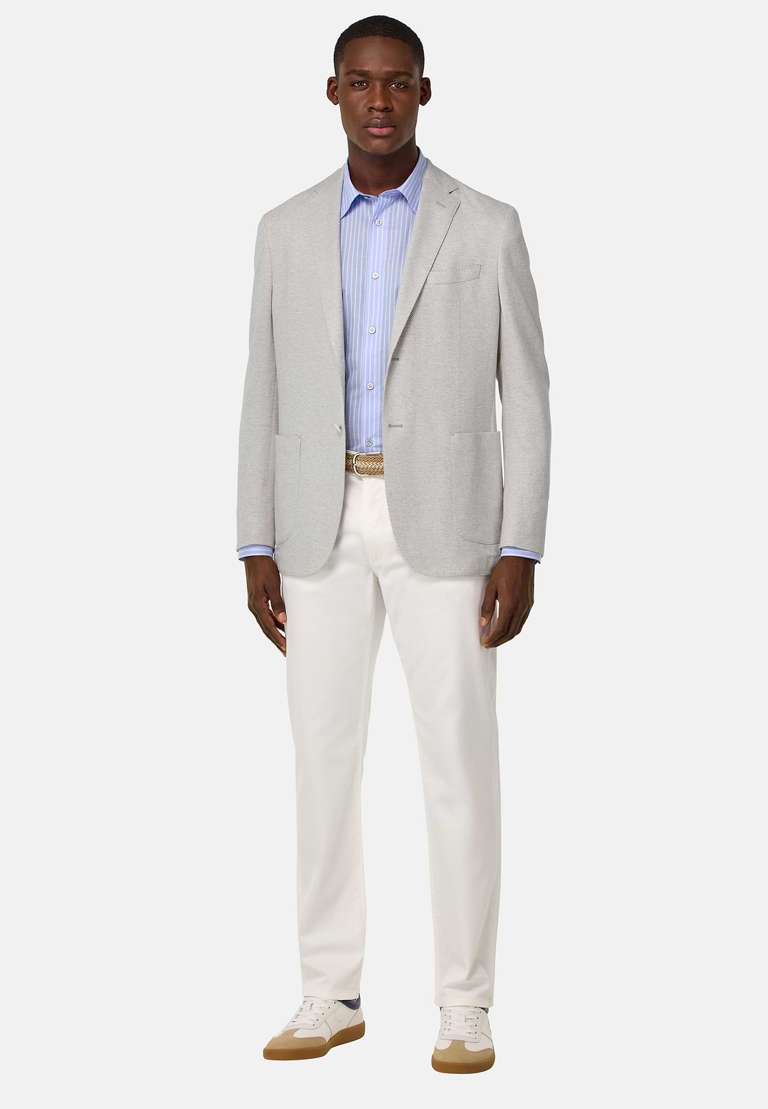 B Jersey Linen and Cotton Herringbone Jacket, Light grey, hi-res