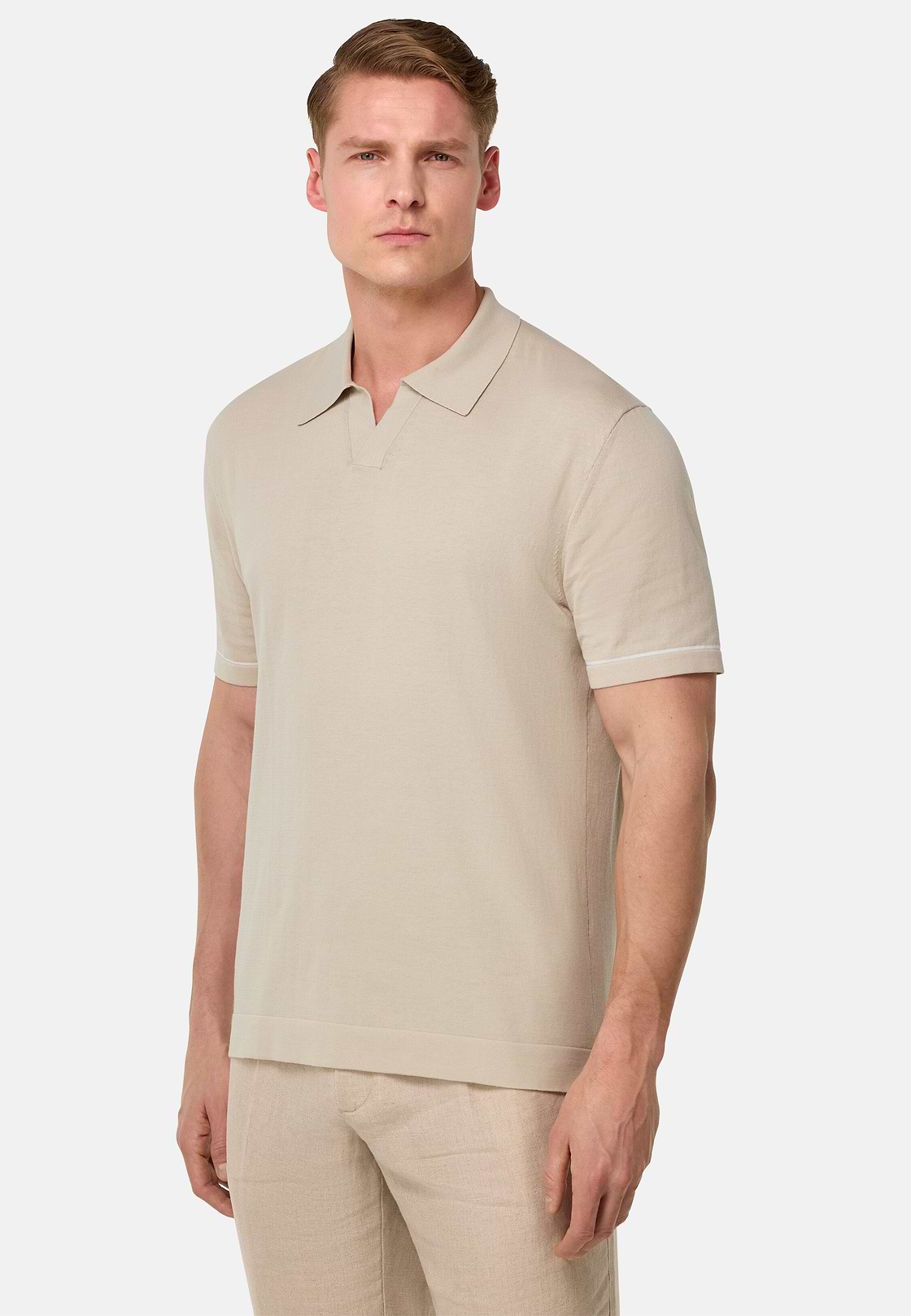 Cotton Crêpe Knit Polo Shirt, Sand, hi-res