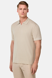 Cotton Crêpe Knit Polo Shirt, Sand, hi-res