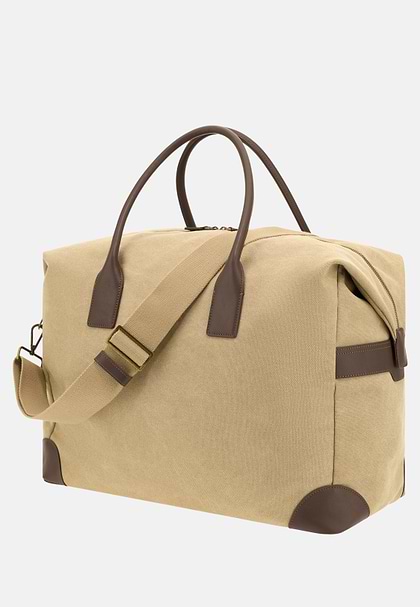 Cotton and Leather Duffle Bag, Beige, hi-res