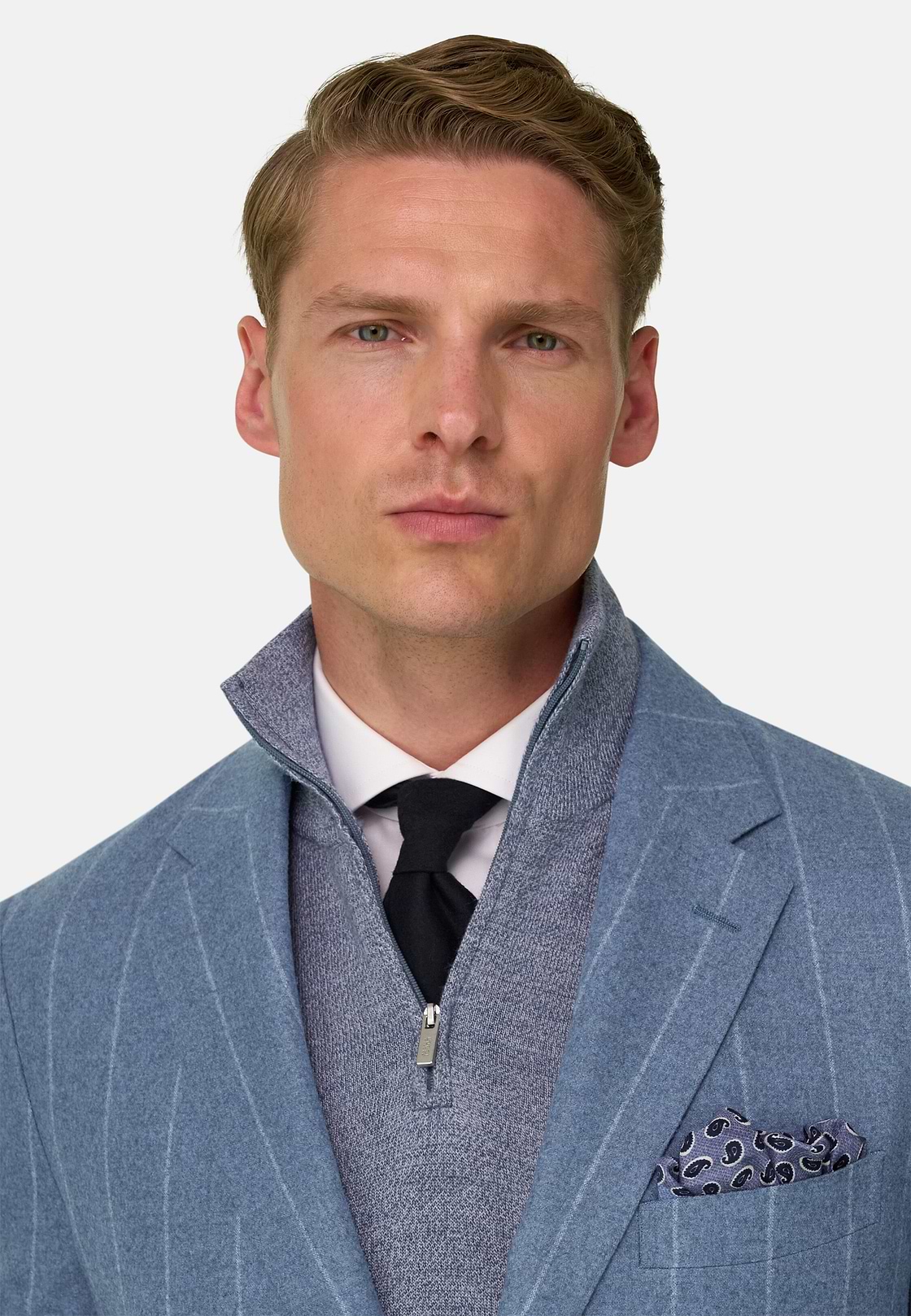 Blazer in Wool Silk Pinstripe, Light Blue, hi-res, 3