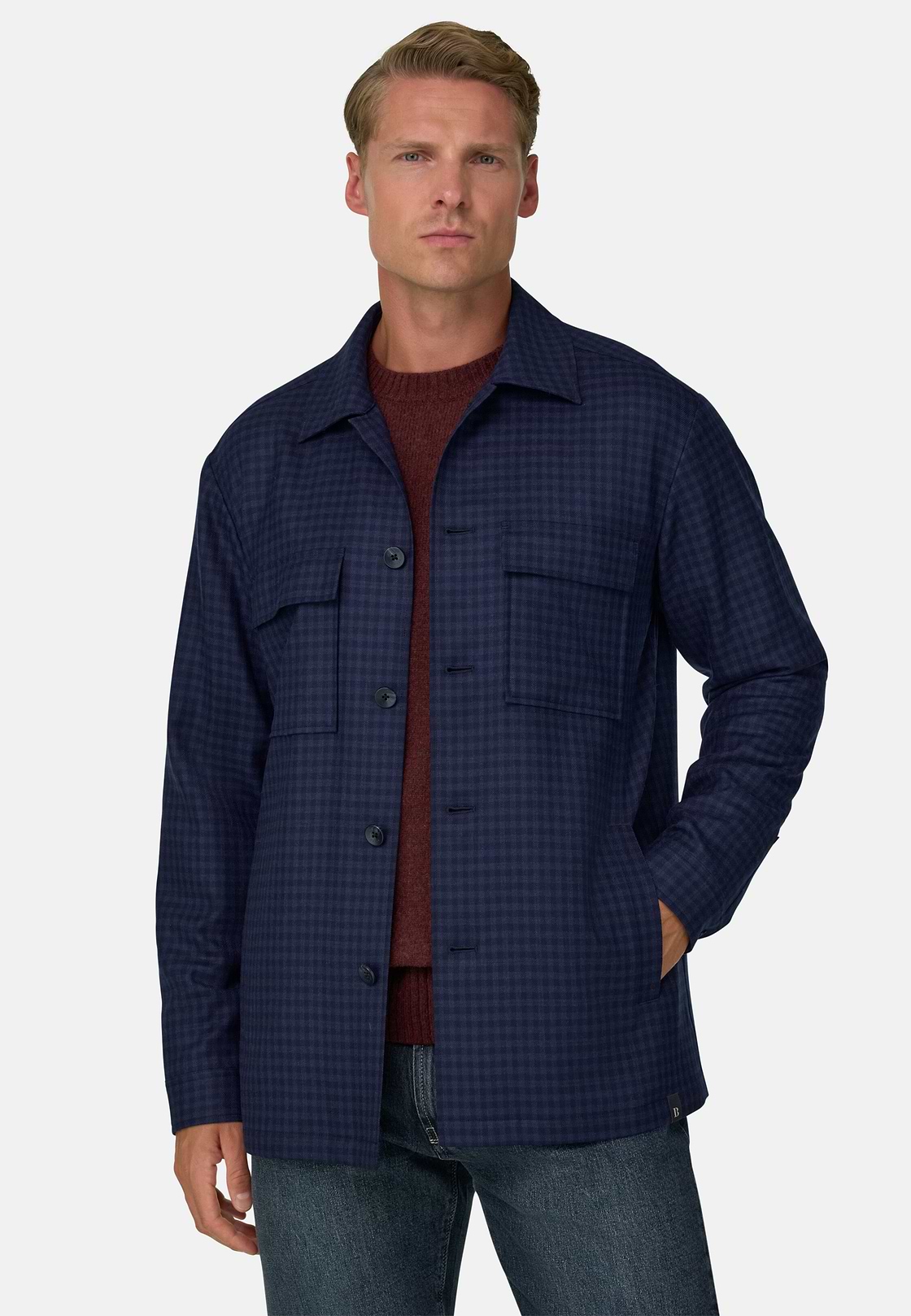 Hemdjacke aus Wolle mit Muster, Navy blau, hi-res, 1
