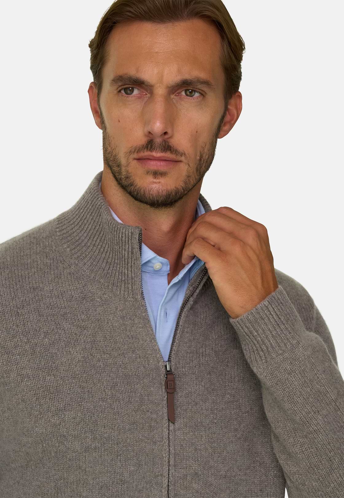 Full-Zip Jumper in Cashmere Wool, Taupe, hi-res, 3