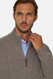Full-Zip Jumper in Cashmere Wool, Taupe, thumb, 3