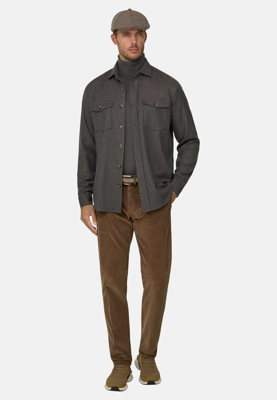 Overshirt in Mélange Wool Flannel, Taupe, hi-res, 2
