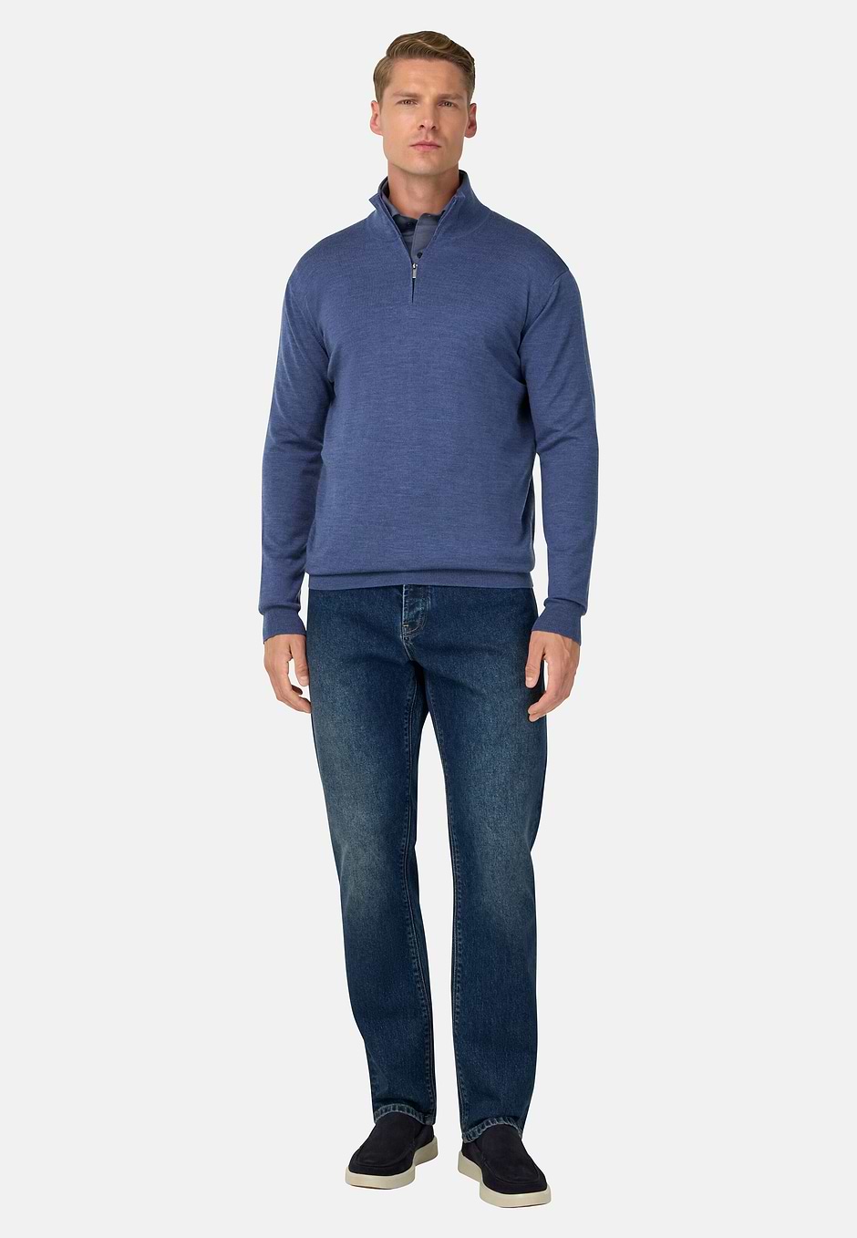 Pull Demi Zip En Laine Mérinos, Indigo, hi-res