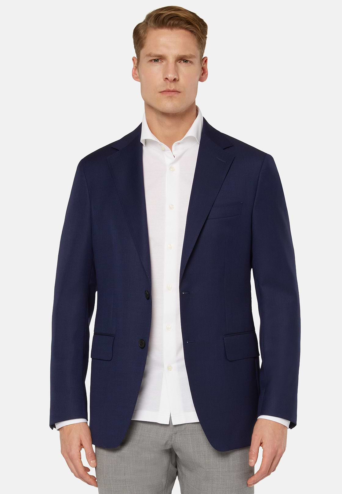 Blue Micro Textured Wool Jacket, Navy blue, hi-res