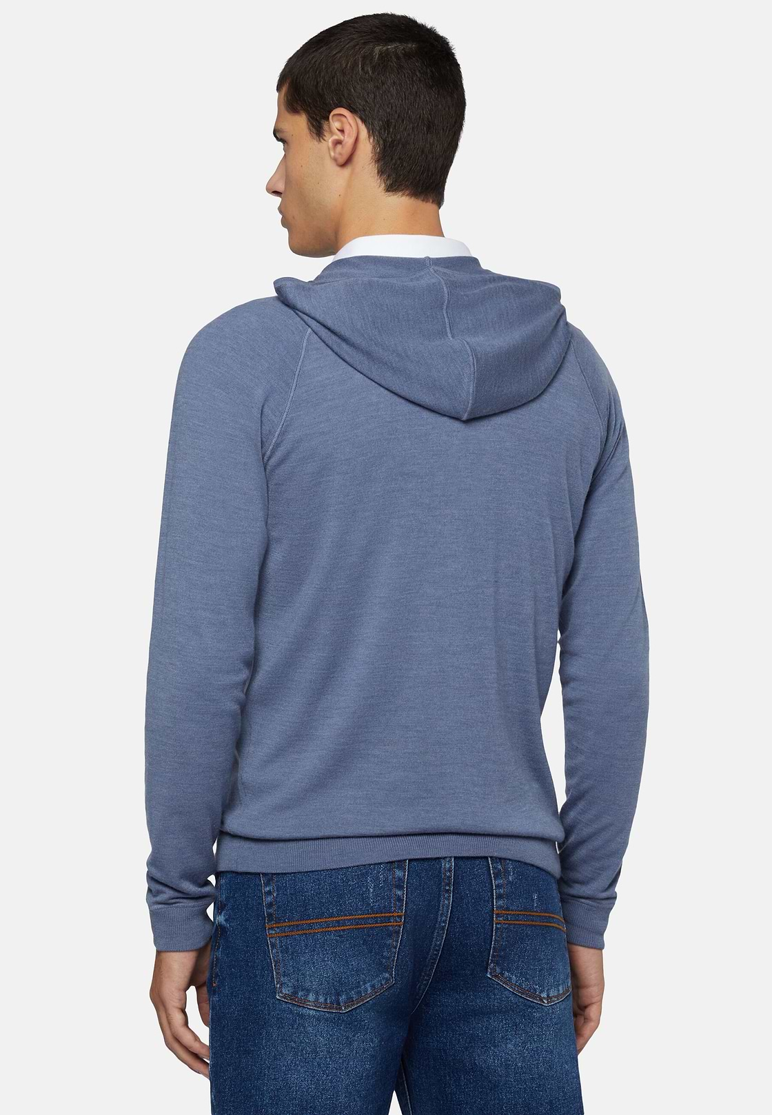 Indigo Full Zip Hooded Jumper In Merino Wool, Indigo, hi-res