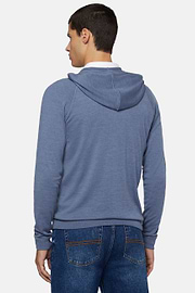 Indigo Full Zip Hooded Jumper In Merino Wool, Indigo, hi-res