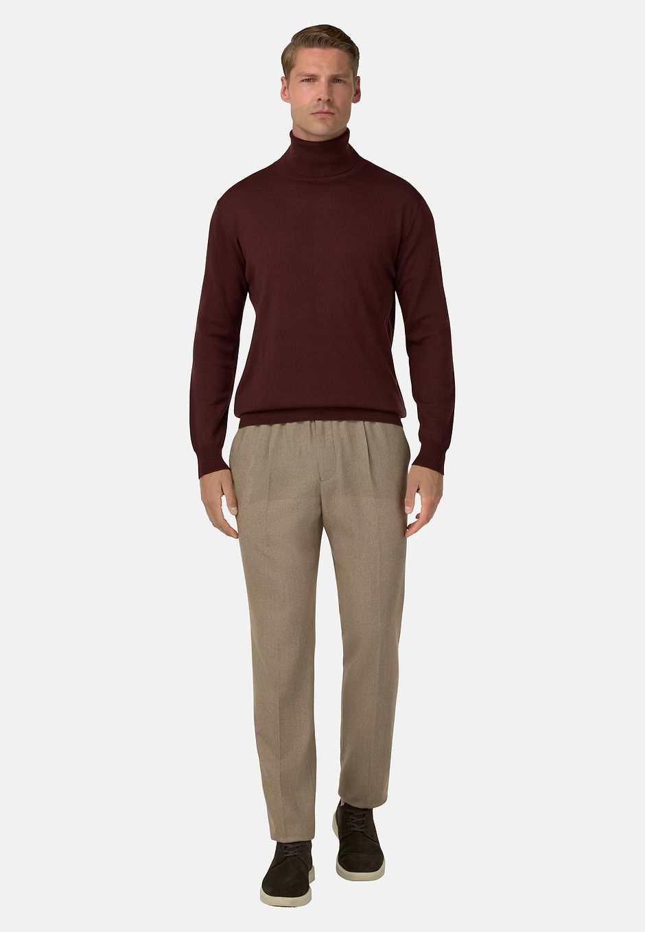 Merino Wool Polo Neck Jumper, Burgundy, hi-res