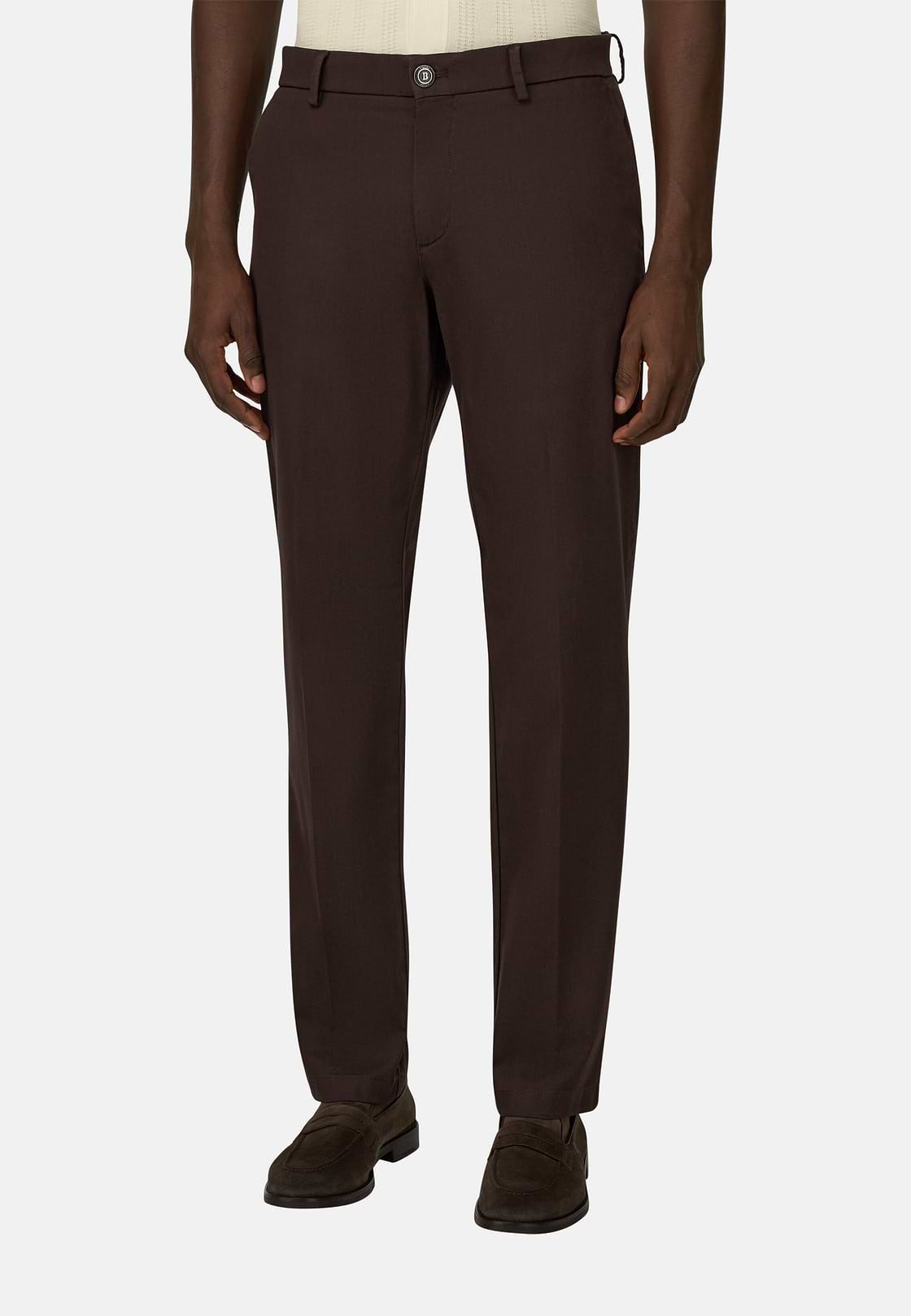 Pantalon En Coton Tencel Extensible, Marron, hi-res, 1