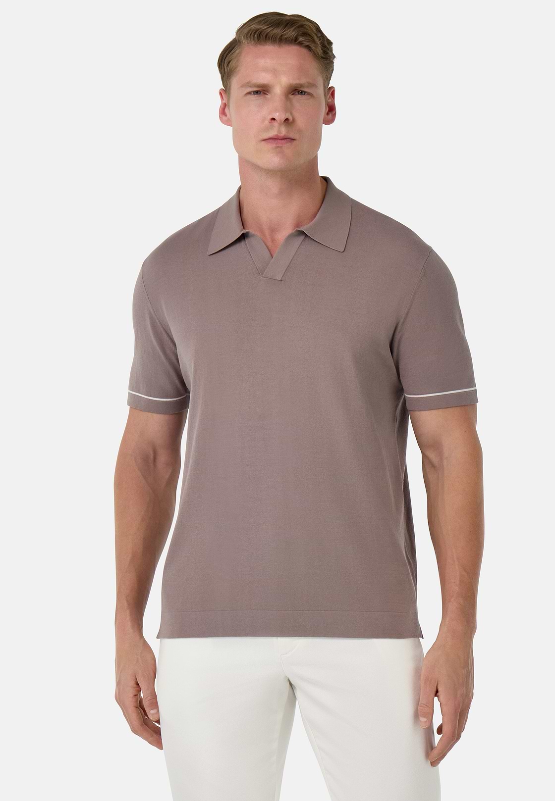 Cotton Crêpe Knit Polo Shirt, Taupe, hi-res