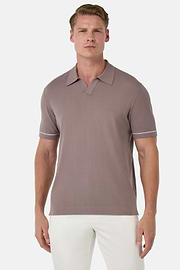 Cotton Crêpe Knit Polo Shirt, Taupe, hi-res