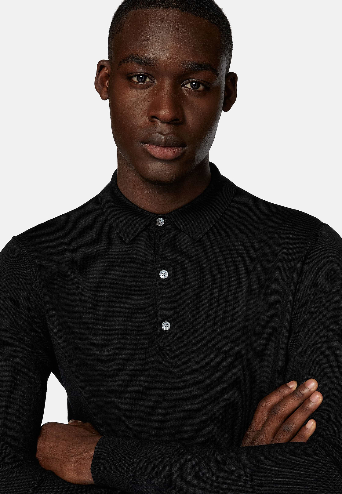 Black Merino Wool Knitted Polo Shirt, Black, hi-res