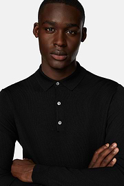 Black Merino Wool Knitted Polo Shirt, Black, hi-res