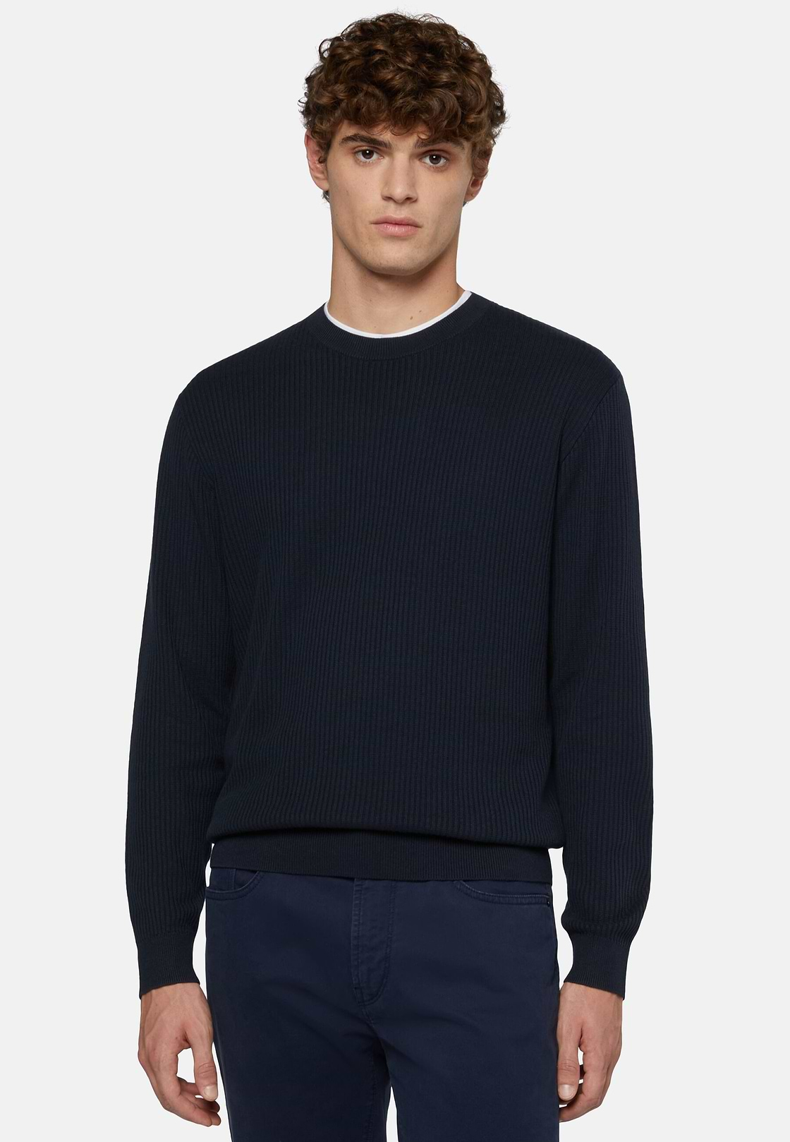 Navy Crew Neck Jumper In Cotton, Navy blue, hi-res