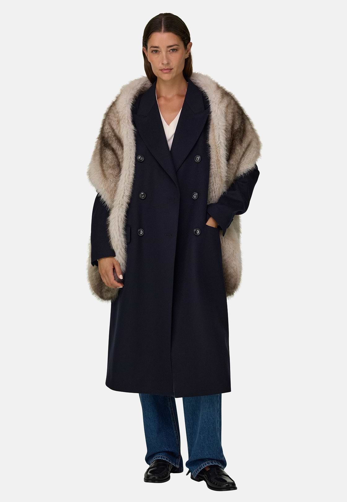 Coat in Pure Cashmere Double-Breasted, Navy blue, hi-res, 2