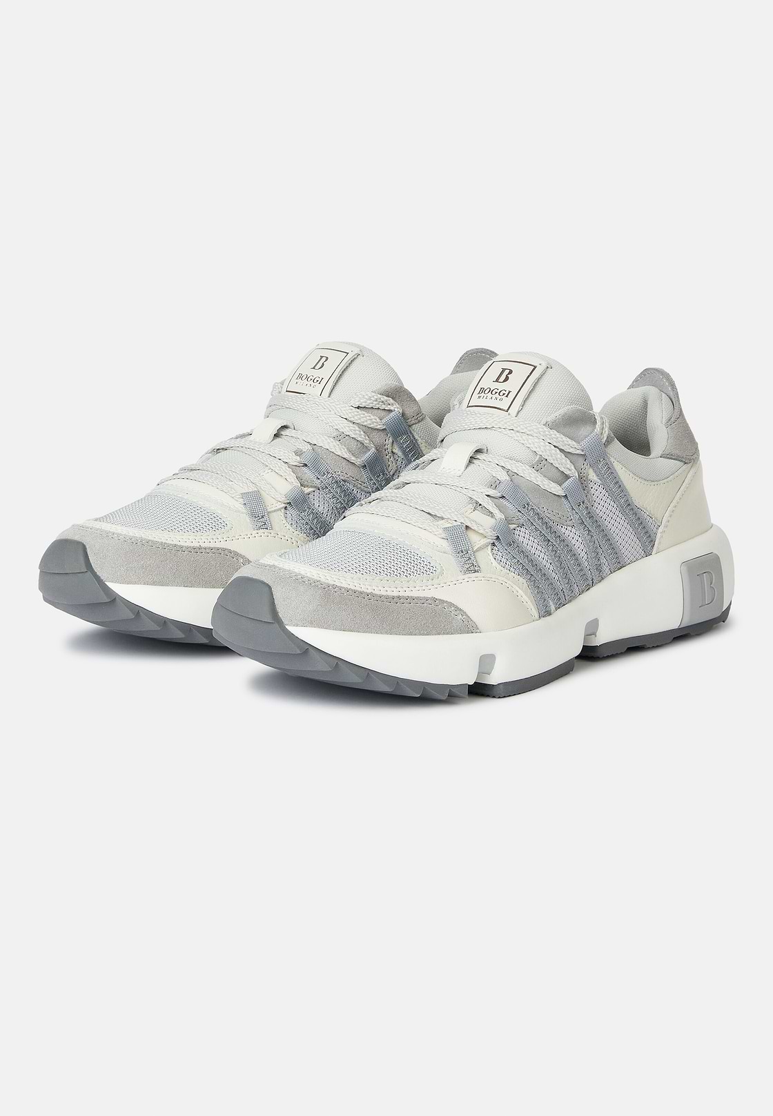 Technical Fabric and Leather Trainers, Grey, hi-res