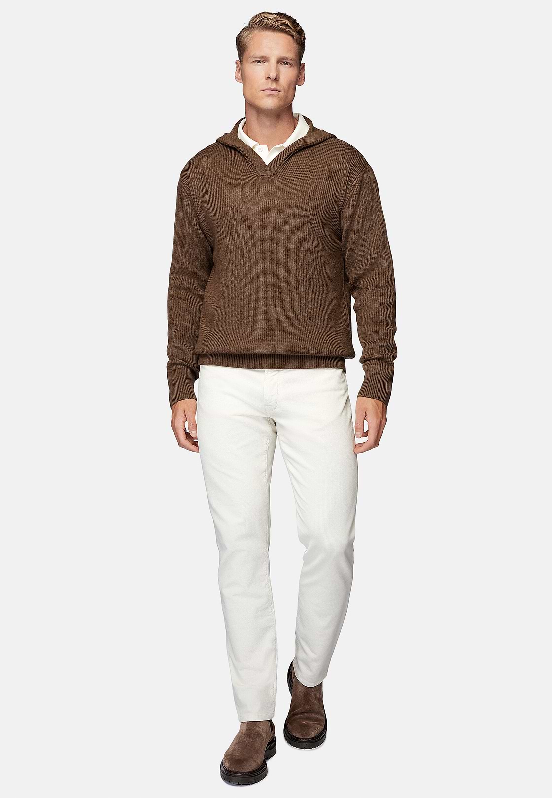 Haselnussfarbener Pullover Mit V-Ausschnitt und Kapuze Aus Merinowolle, Haselnuss, hi-res