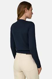 Knitted Cardigan in Superfine Wool and Silk, Navy blue, thumb, 3