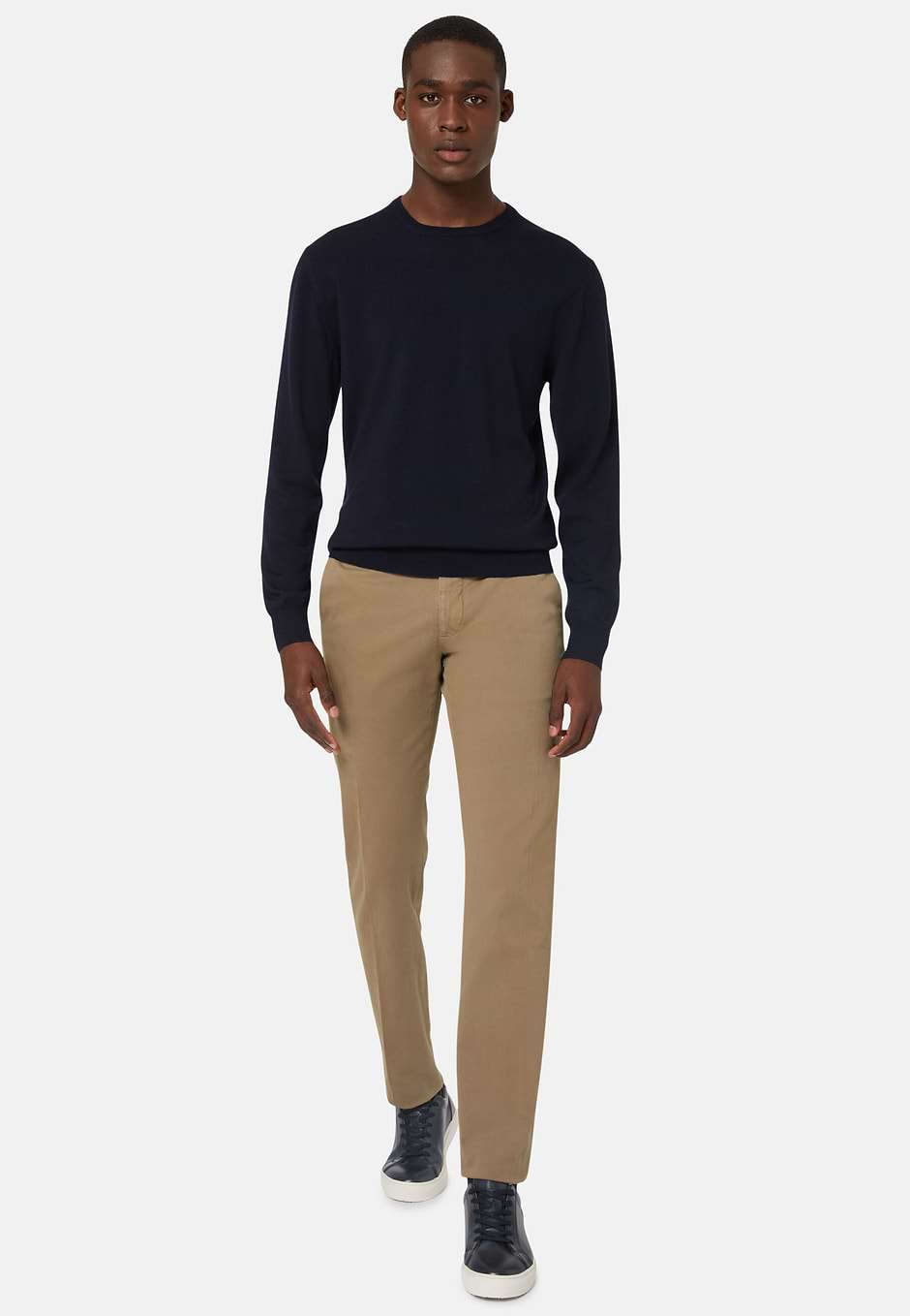 Grey Merino Wool Round-neck Pullover, Navy blue, hi-res