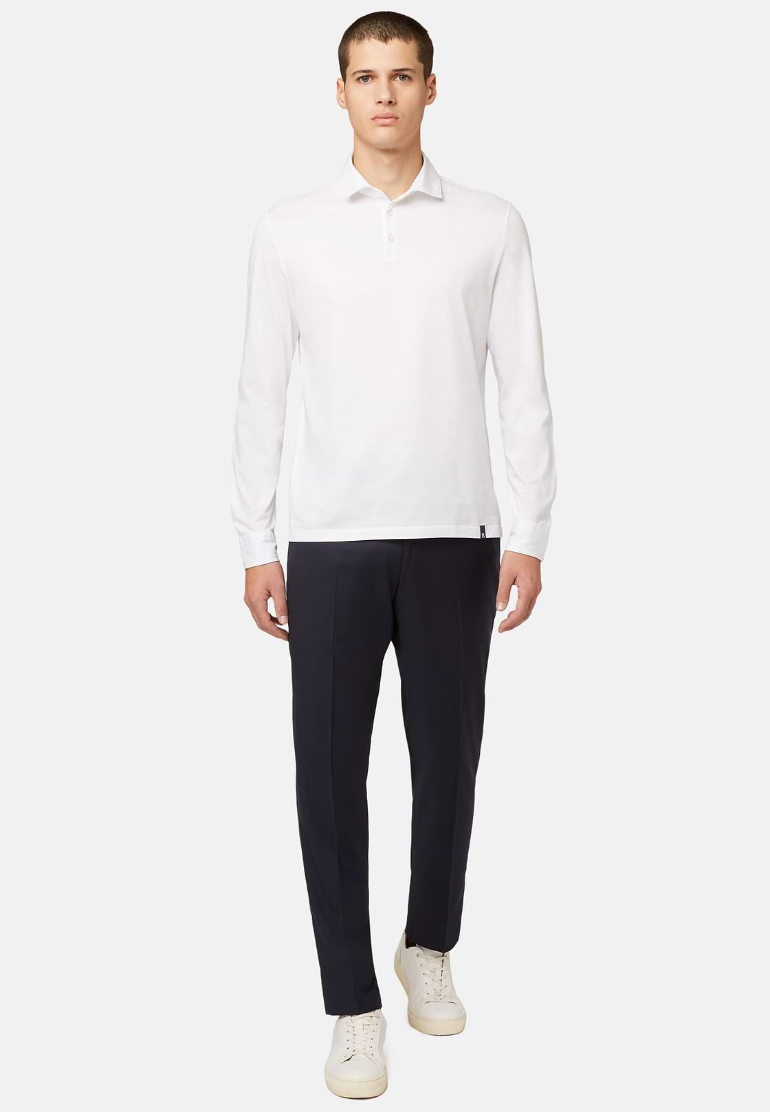 Polo In Jersey Di Cotone Pima Regular Fit Manica Lunga, Bianco, hi-res