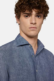 Regular Fit Cotton and Linen Denim Shirt, Medium Blue, hi-res