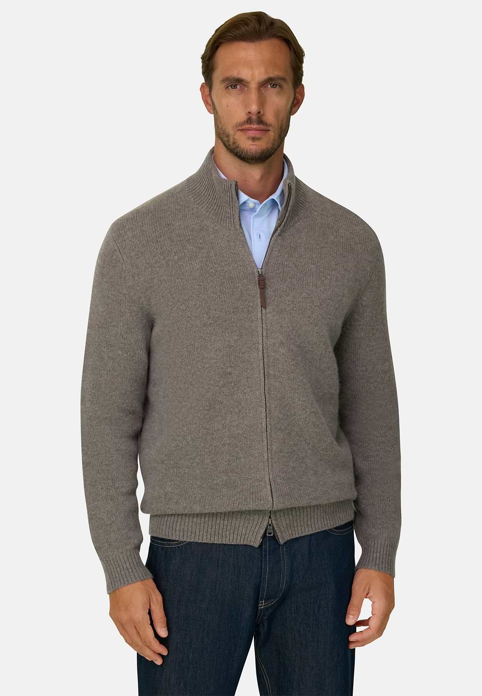 Full-Zip Jumper in Cashmere Wool, Taupe, hi-res