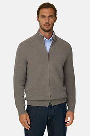 Full-Zip Jumper in Cashmere Wool, Taupe, thumb, 1