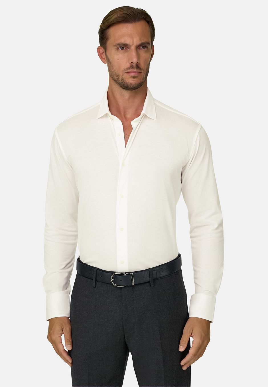 Polo Chemise Mouliné en Coton Regular Fit, Blanc, hi-res