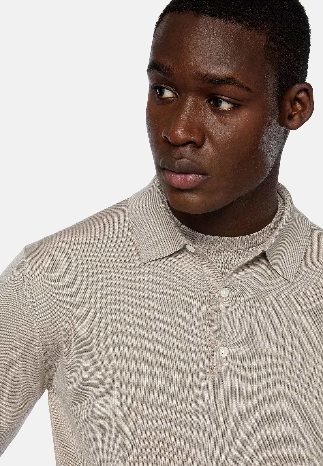 Sand Merino Wool Knitted Polo Shirt, Sand, hi-res