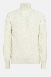 White Mixed Knit Polo Neck Jumper In Merino Wool, White, hi-res