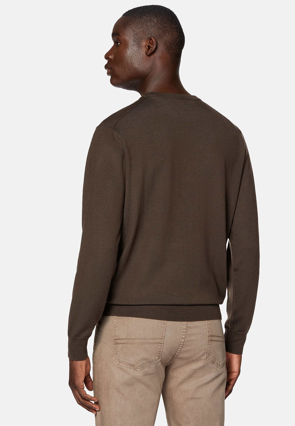 Brown Merino Wool Crew Neck Jumper, Brown, hi-res