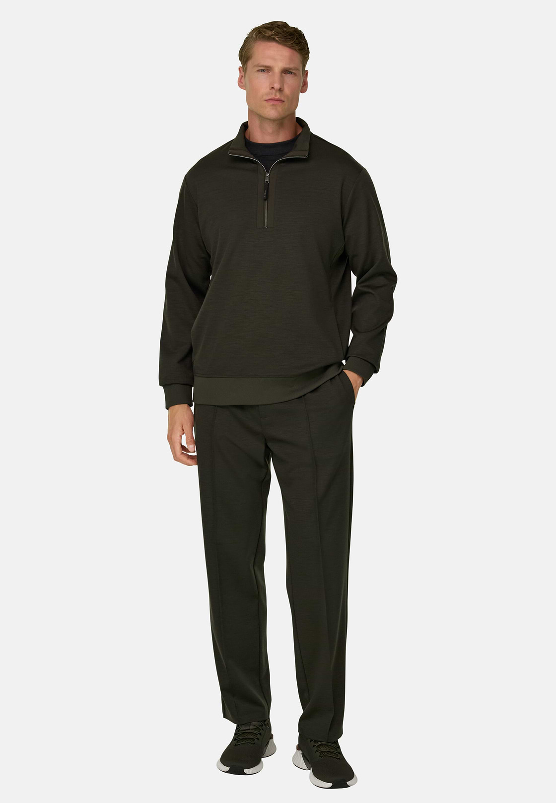 Quarter-Zip Sweatshirt in Wool Blend WOOLTECH, Military Green, hi-res, 2